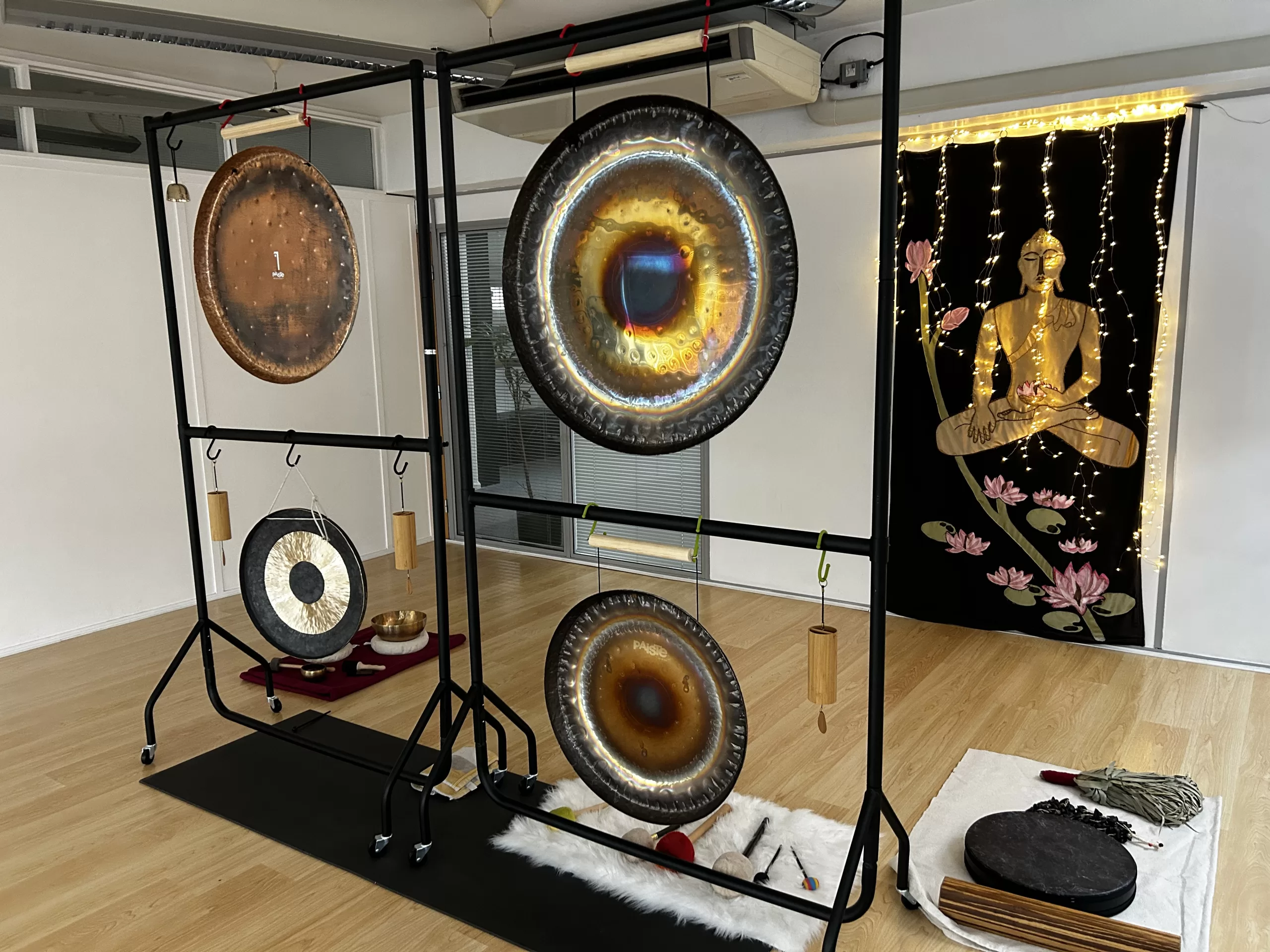 gongs ready to play at a gong bath